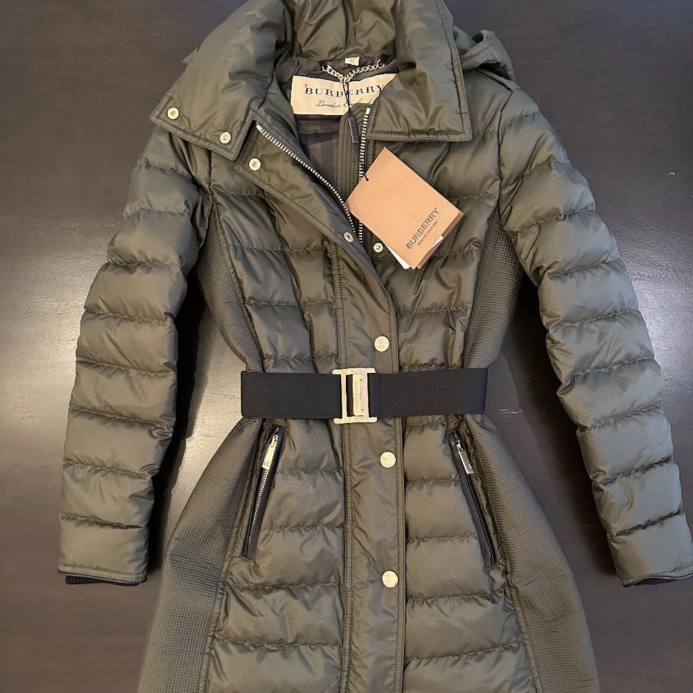 NWT Burberry Olive Green Down Puffer Belted Abbeydale Coat XS/0